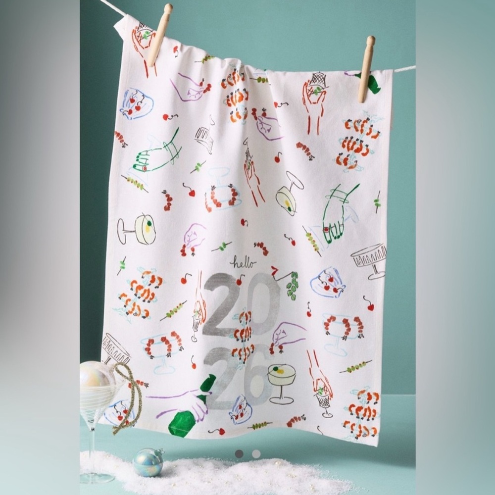 NWT Anthropologie Phthalo Ruth 2026 White Festive Tea Dish Towel